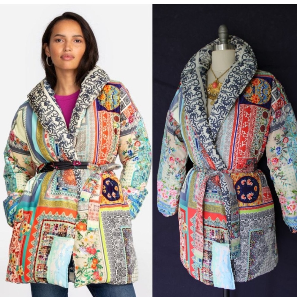 Johnny Was BIYA FLORAL Reversible NEO BLOCK Down PUFFER quilted Coat jacket wrap